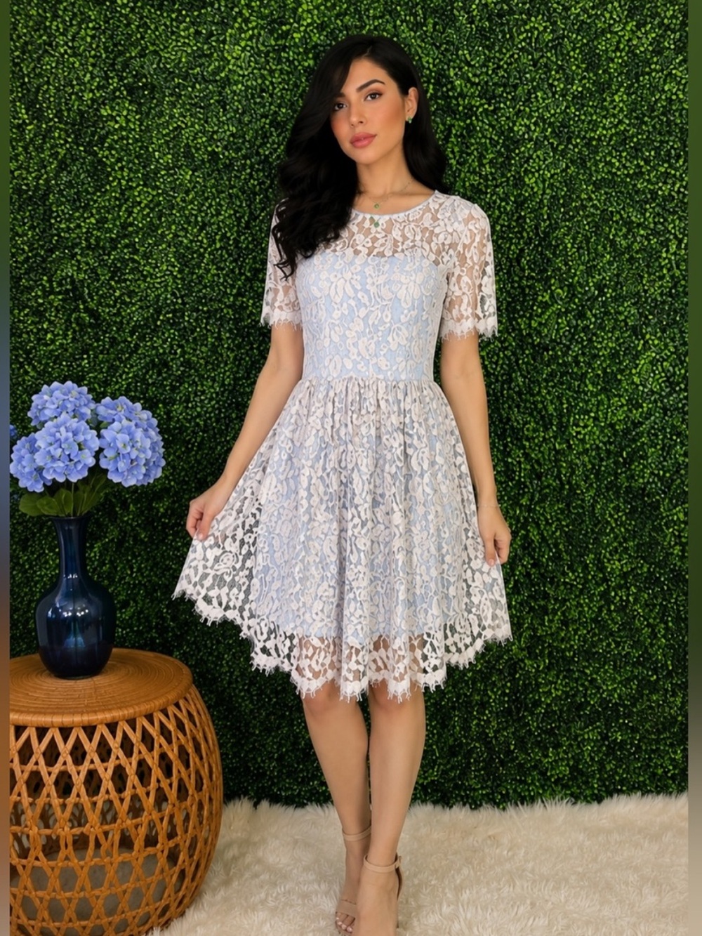 Eliza J Romantic Blue/White Floral Lace Fit & Flare Cocktail Dress - Size 2